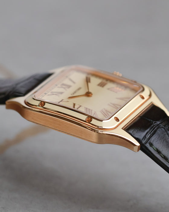 Side profile of the Cartier Santos-Dumont WGSA0054 highlighting its slim 7.3mm rose-gold case construction