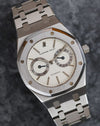 Audemars Piguet Royal Oak Ref. 25572ST in stainless steel with white Petite Tapisserie dial and pointer day-date registers.