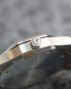 Close-up of the signed AP crown and alternating brushed and polished finishing on the stainless-steel case.