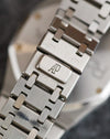 Close-up of the Audemars Piguet signed deployant clasp and integrated stainless-steel Royal Oak bracelet.