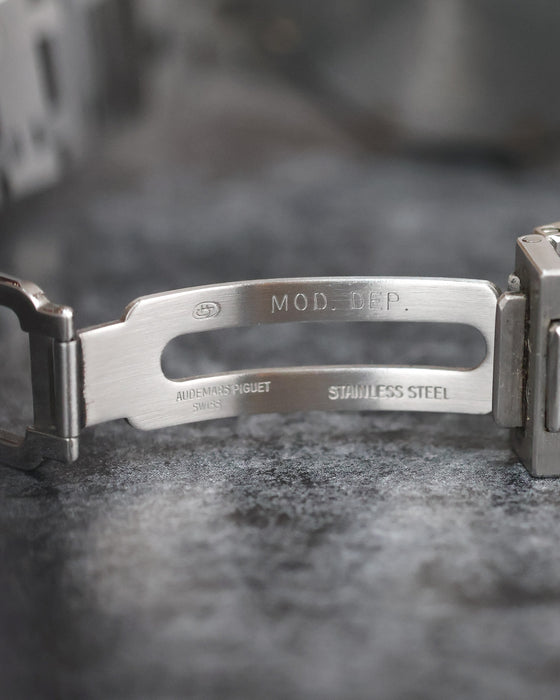Interior of the stainless-steel Audemars Piguet deployant clasp showing its stamped markings.