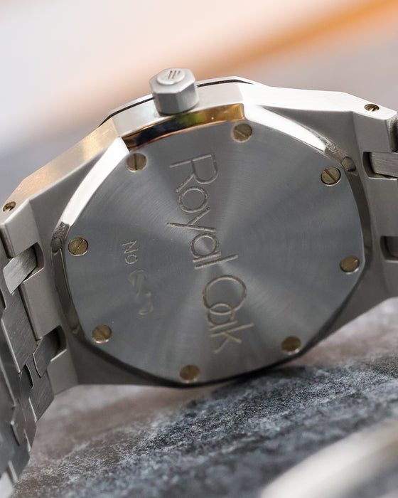 Caseback of the Audemars Piguet Royal Oak Ref. 25572ST showing the Royal Oak engraving and screw construction.
