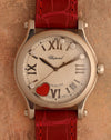 Chopard Happy Sport Happy Hearts Cortina 50th Anniversary watch with five dancing diamonds, red carnelian heart and red alligator strap.