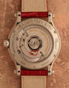 Sapphire caseback of the Chopard Happy Sport Cortina 50th Anniversary showing its automatic movement and limited-edition engraving.