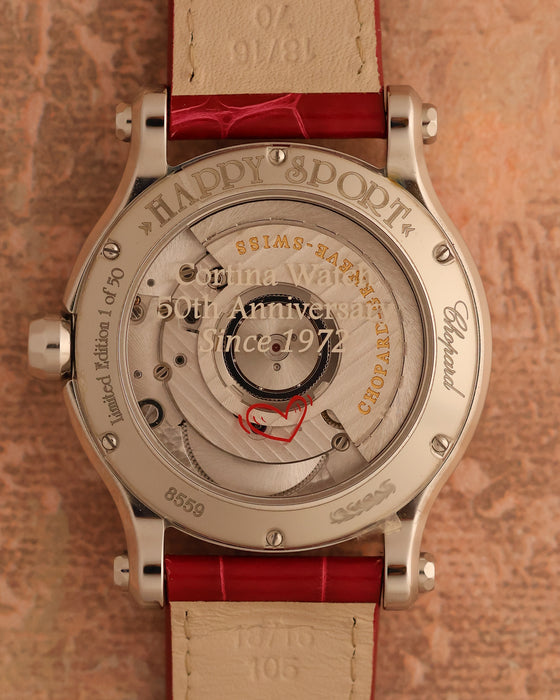 Sapphire caseback of the Chopard Happy Sport Cortina 50th Anniversary showing its automatic movement and limited-edition engraving.