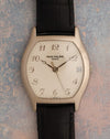 Patek Philippe Gondolo Ref. 5030G in 18K white gold with silver dial and black leather strap.