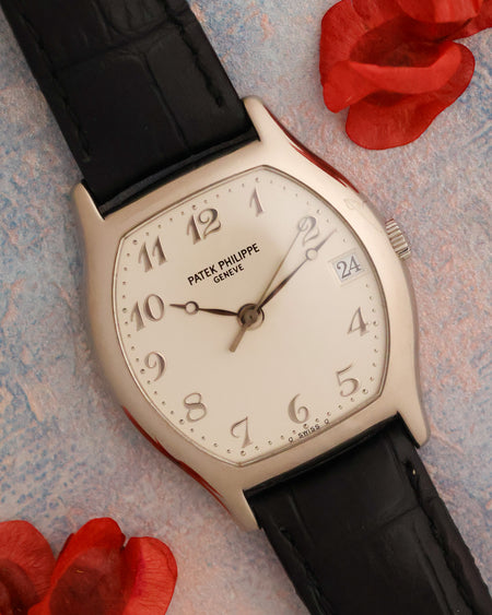 Angled view of the Patek Philippe Gondolo 5030G showing its tonneau case and Breguet-style numerals.