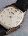 Macro view of the dial, applied Arabic numerals and white-gold case of the Patek Philippe Gondolo 5030G.