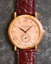 Front view of the Patek Philippe Calatrava 5022R with pink guilloché dial and subsidiary seconds at 6.
