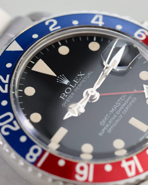 Macro view of Rolex GMT-Master 1675 Mark 2 matte dial and blue Pepsi bezel.