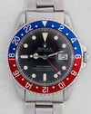 Front view of vintage Rolex GMT-Master 1675 with Pepsi bezel and folded Oyster bracelet.