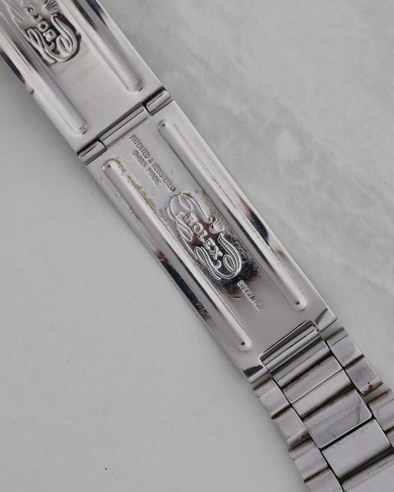 Interior clasp of vintage Rolex folded stainless-steel Oyster bracelet.