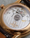 Close-up of automatic Omega calibre 1120 visible through the exhibition caseback.