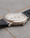 Crown-side profile of the Audemars Piguet Jules Audemars showing the signed crown and contrasting polished and brushed case finishing.