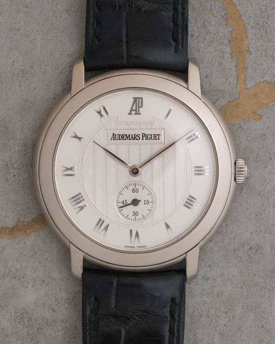 Front view of the Audemars Piguet Jules Audemars 15056BC with silvered dial and small seconds.