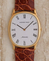 Front view of Audemars Piguet Ref. 4083 in 18K yellow gold with white Roman numeral dial and brown leather strap.