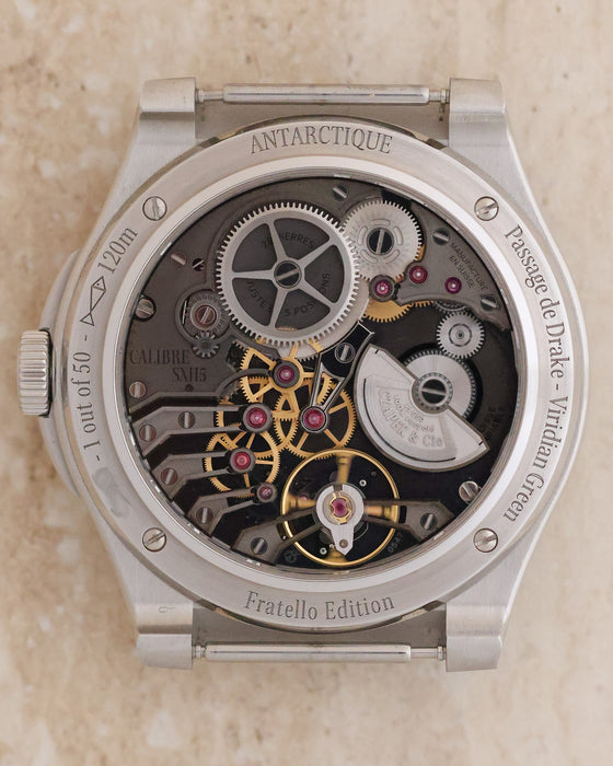 Exhibition caseback of the Czapek Antarctique Fratello Edition showing the SXH5 micro-rotor movement and limited-edition engraving.