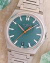Close-up of the Viridian Green dial and integrated steel bracelet of the Czapek Antarctique Fratello Edition.