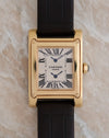Front view of the Cartier Tank à Vis Dual Time showing its vertically stacked dual-time display.