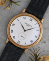 Angled view of the Patek Philippe Calatrava 3919J highlighting its Roman numeral dial and hobnail bezel.