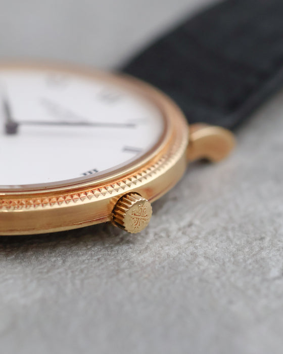 Macro photograph of the signed Patek Philippe crown and Clous de Paris bezel.