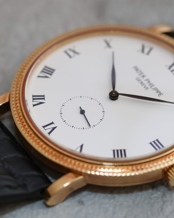 Close-up of the subsidiary seconds dial and Roman numerals on the Patek Philippe Calatrava 3919J.
