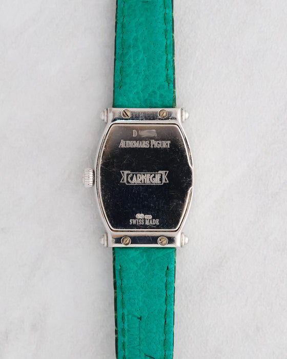 Polished caseback of the Audemars Piguet Carnegie showing its engraved model name, hallmarks and D-series marking.