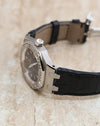 Side profile of the Royal Oak Lady showing its brushed steel case, diamond-set bezel and angular strap attachments.