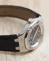 Angled side view highlighting the brushed and polished surfaces of the Royal Oak Lady stainless steel case.
