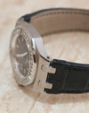 Close-up of the Royal Oak Lady case flank, diamond bezel and integrated-style leather strap attachment.