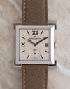 Front view of the Vacheron Constantin Carrée Historique 91030 in 18K white gold, showing its silvered geometric dial and small seconds display.