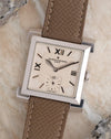 Angled front view of the Vacheron Constantin Carrée Historique, highlighting its faceted square bezel and oversized Roman numerals.