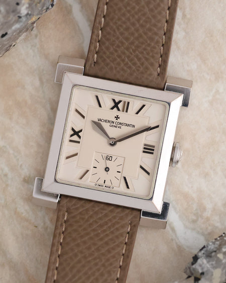 Angled front view of the Vacheron Constantin Carrée Historique, highlighting its faceted square bezel and oversized Roman numerals.