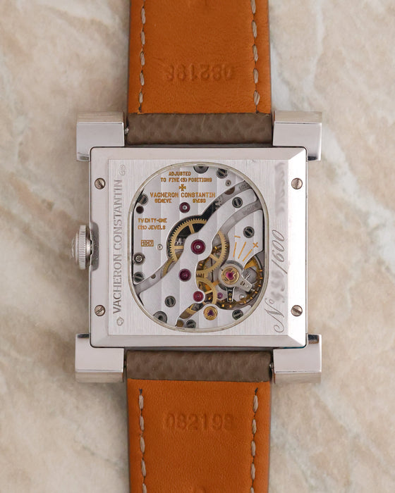 Exhibition caseback of the Vacheron Constantin Carrée Historique 91030 showing the manual-winding Calibre 1017 and limited-edition engraving.