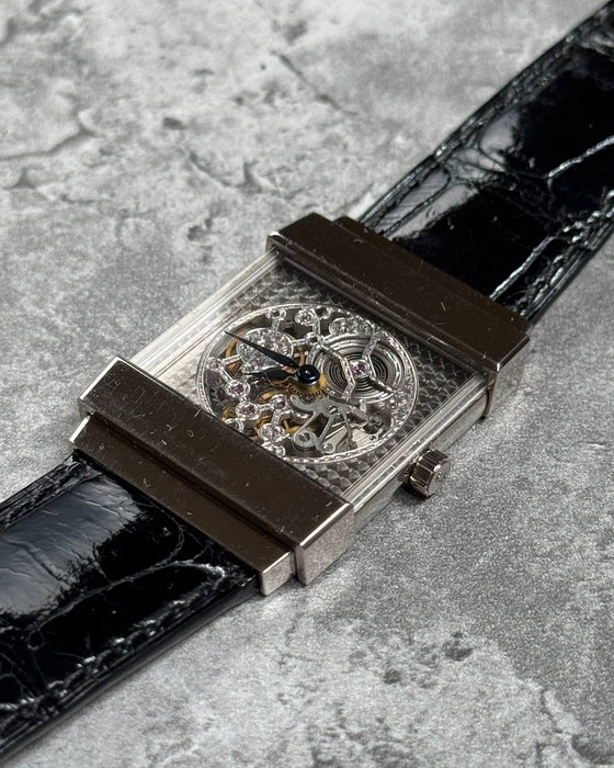 Ultra-rare Concord Crystal Skeleton watch in 18K white gold with architectural top hat case and skeletonized design