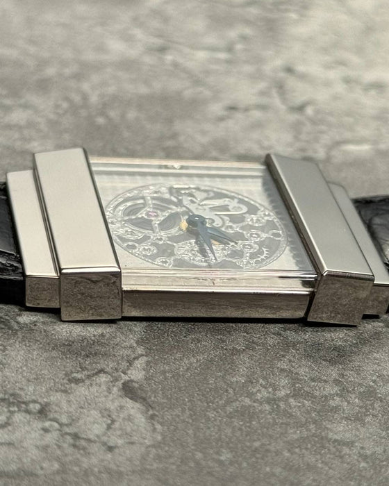 Angular side view of Concord Crystal Skeleton limited edition showcasing sculptural white gold form