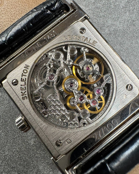 Rear view of Concord Crystal Skeleton limited edition watch with transparent back and visible hand-engraved mechanics