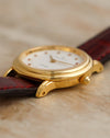 Side profile of the Blancpain Villeret 0096 showing its stepped gold bezel, fluted crown and sculpted lugs.