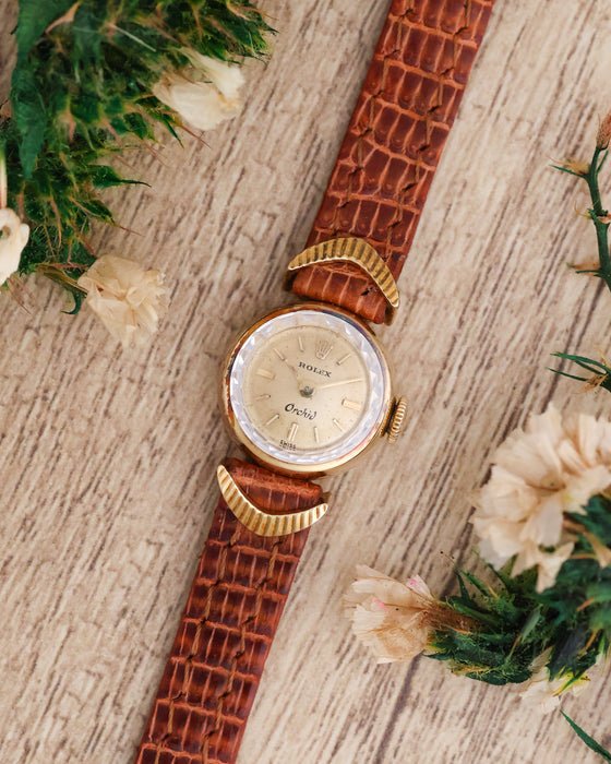 Rolex Orchid ladies' watch photographed diagonally alongside flowers, showing its round case and decorative gold lugs.