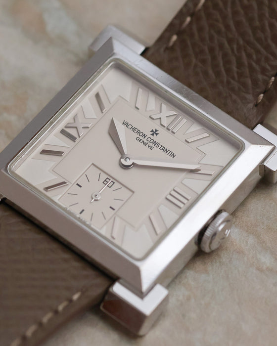 Detailed angled view of the Carrée Historique silvered dial, showing its applied Roman numerals, faceted hands and subsidiary seconds.