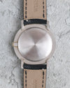 Rear view of the Audemars Piguet showing its circular brushed caseback, angular lugs and leather strap.
