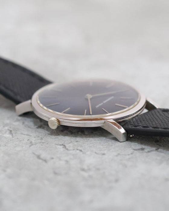 Close-up of the Audemars Piguet white gold case showing its thin construction, crown and angular lug design.