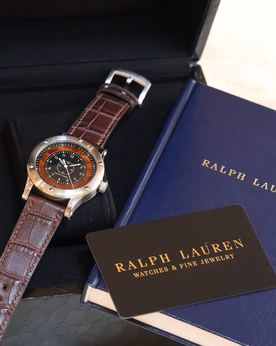 Ralph Lauren Automotive Chronometer with elm burl wood dial, presented alongside its original box and documentation.