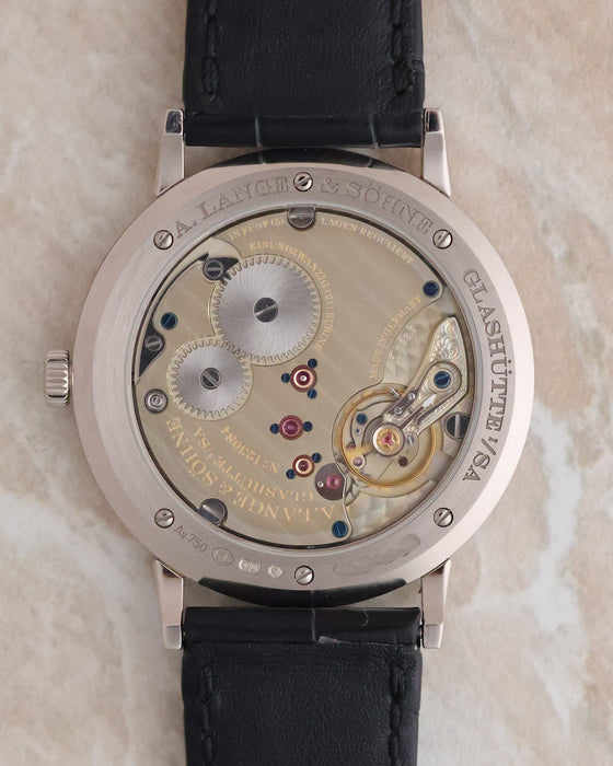 Exhibition caseback showing the manually wound Lange calibre L093.1 with German silver three-quarter plate.