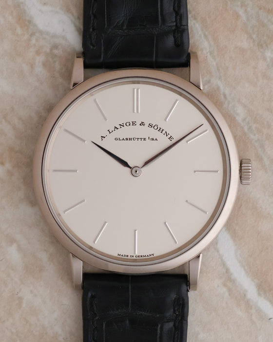 Front view of the 37mm Saxonia Thin with argenté dial and applied baton markers.