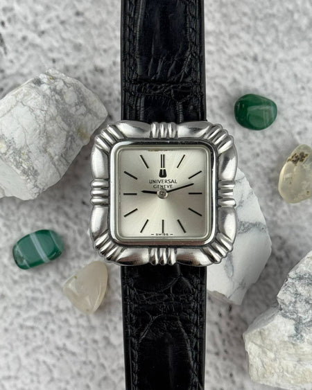 Universal Genève Flower Cushion vintage watch with sculptural stainless steel case and leather strap, 1970s design