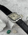 Art Deco inspired flower cushion case of Universal Genève watch in stainless steel with soft geometric lines