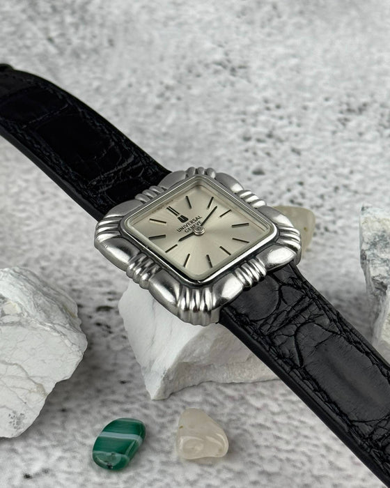Art Deco inspired flower cushion case of Universal Genève watch in stainless steel with soft geometric lines