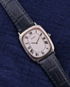 Piaget Ref. 9251 vintage tank watch in 18K white gold with bark-textured case and Roman numeral dial, c. 1980
