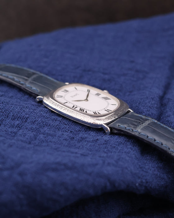 Side profile of Piaget 9251 showing bark-finished white gold case and slender vintage silhouette